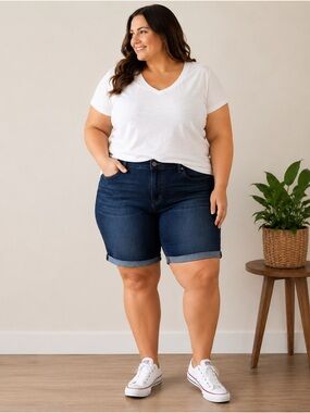 Lee Signature Mid Rise Bermuda Jean Shorts Dark Wash Cuffed Stretch Women’s 20